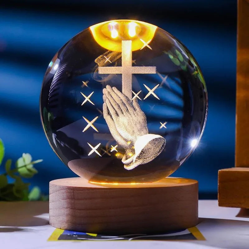 Luminária de Cristal 3D com Base de Madeira LED
