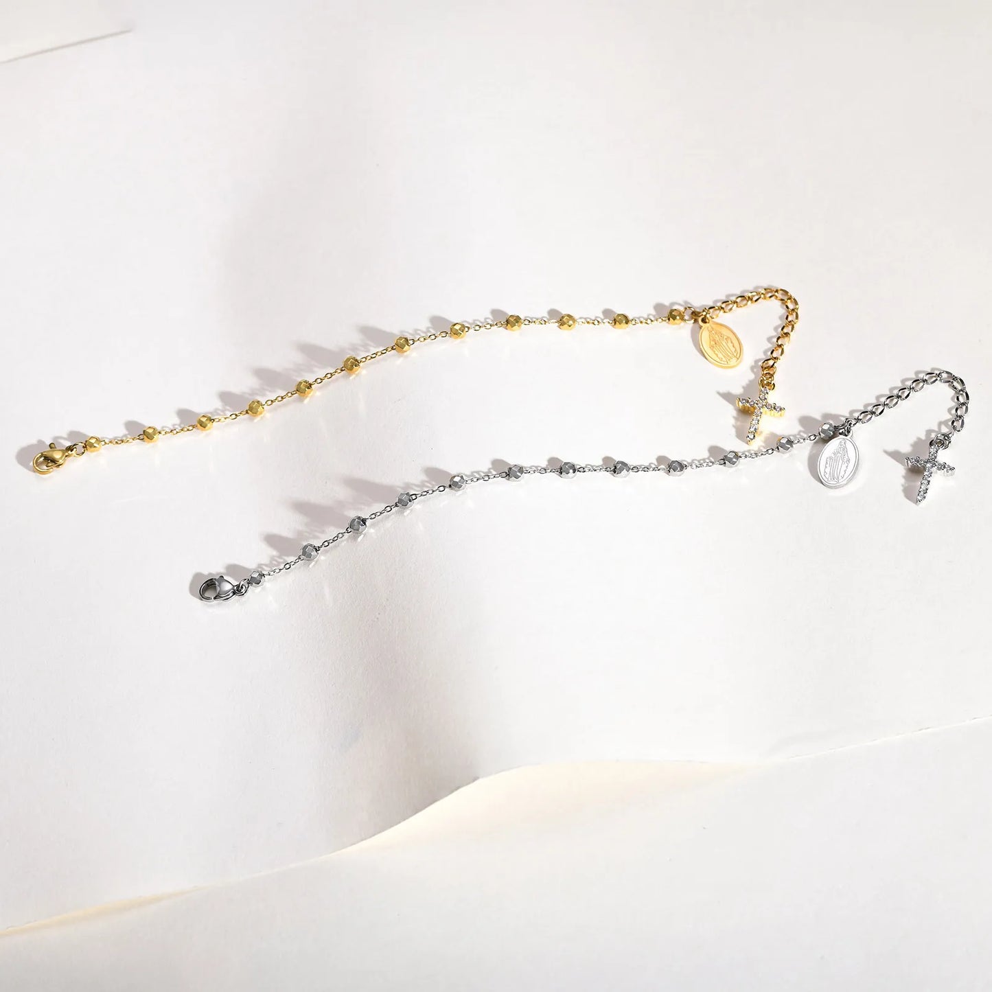 Pulseira de rosário de cruz de zircônia cúbica para mulheres, elo ajustável de maria de aço inoxidável, presente de joia religiosa
