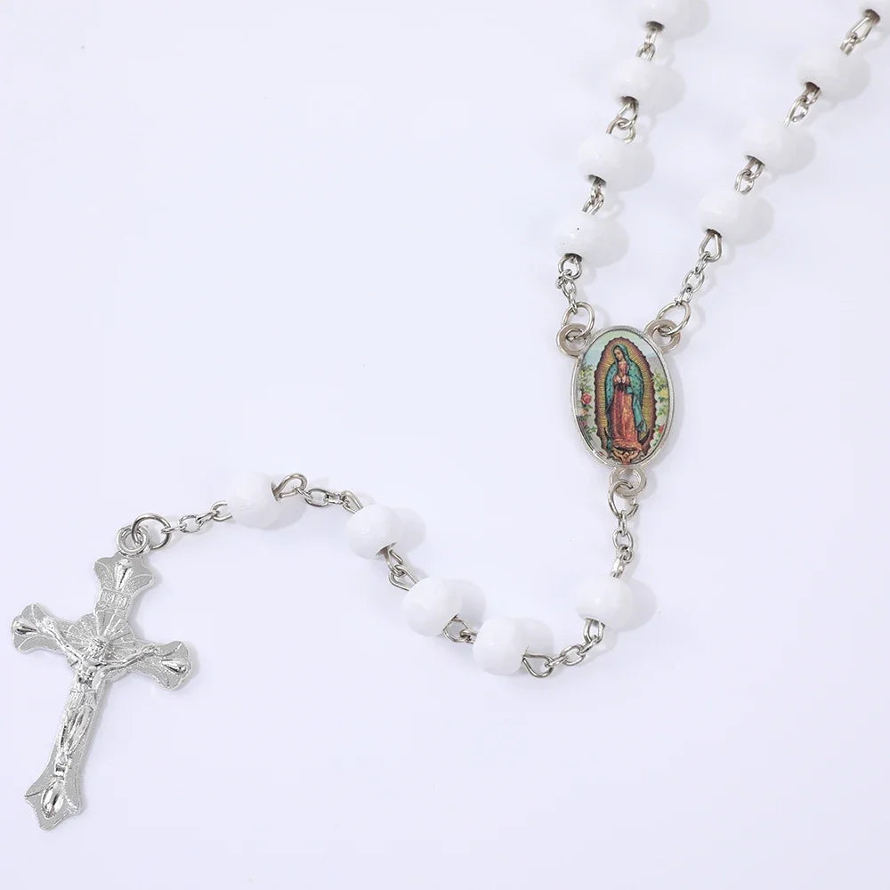 Colar de Rosário de Madeira para Mulheres e Homens, Pingente Religioso Virgem Maria Cruz, Cadeia de Contas Longas, Oração Católica, Jóias Festas, 6mm