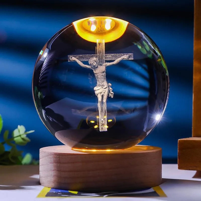 Luminária de Cristal 3D com Base de Madeira LED