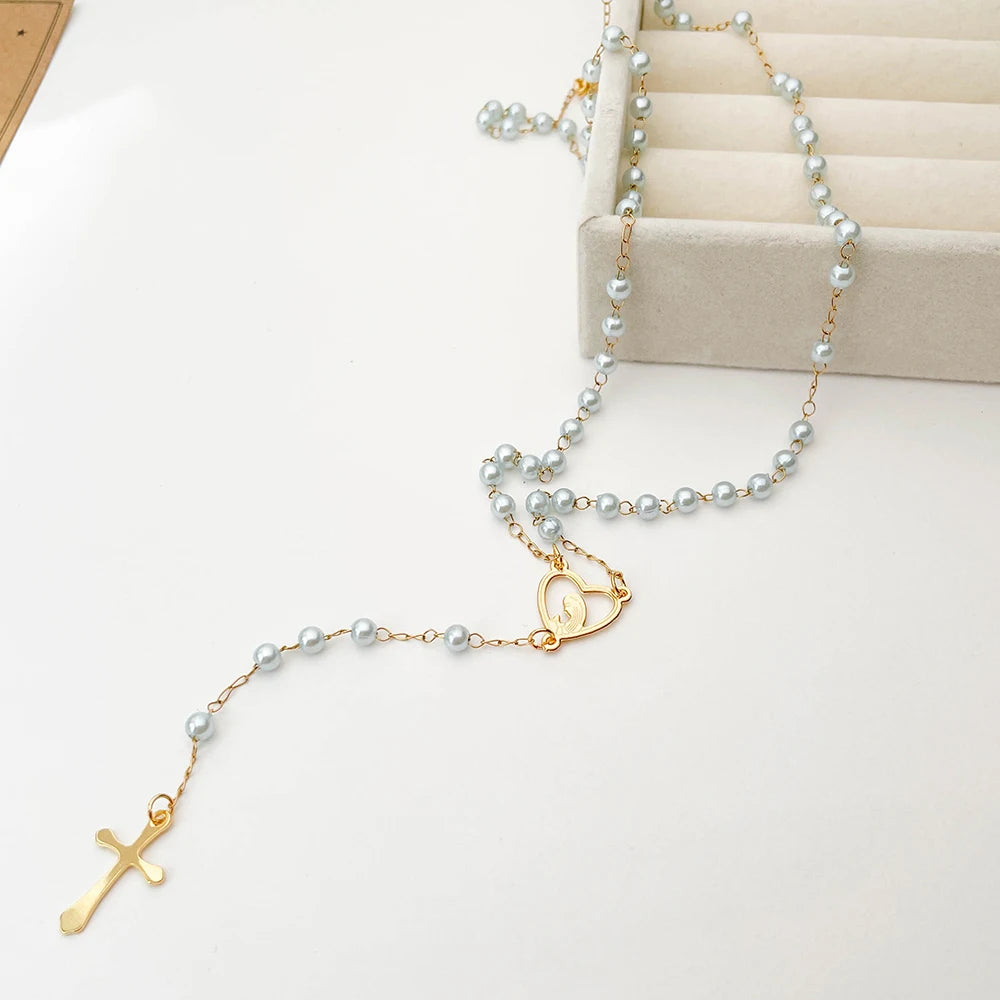 Aço inoxidável Y Forma Beads Cadeia para Mulheres, Cor do Ouro, Virgem Maria, Cruz, Rosário, Colar Longo, Jóias das Meninas, Spiriti Pray