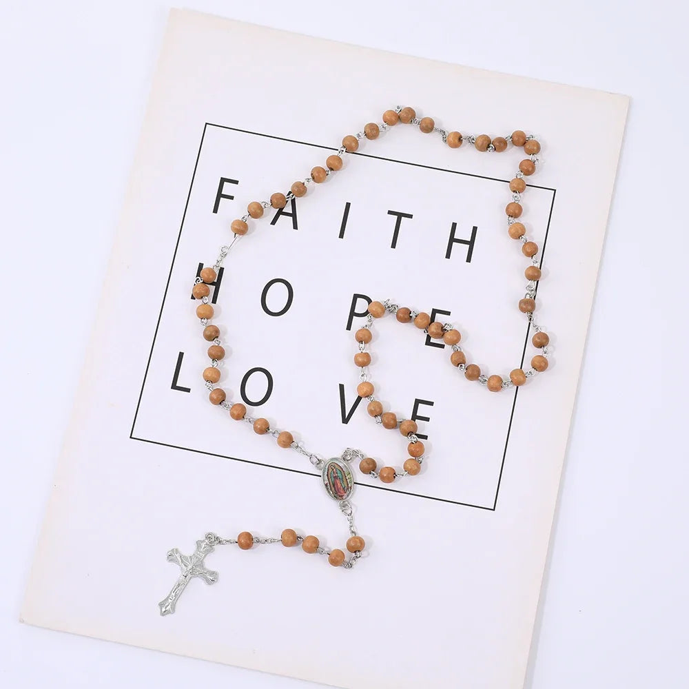 Colar de Rosário de Madeira para Mulheres e Homens, Pingente Religioso Virgem Maria Cruz, Cadeia de Contas Longas, Oração Católica, Jóias Festas, 6mm