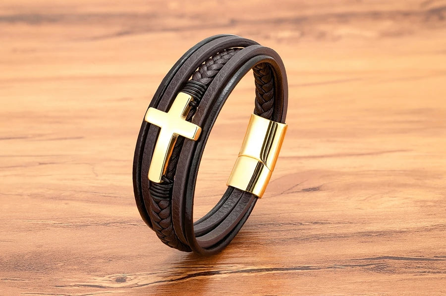 Pulseira Masculina de Couro com Cruz Sagrado Estilo