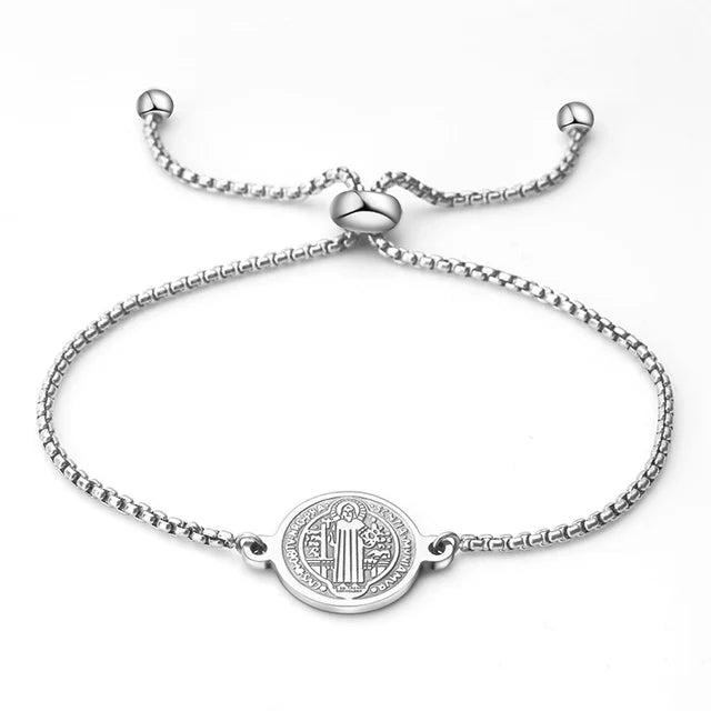 Pulseira Medalha São Bento em Aço Inoxidável Ajustável