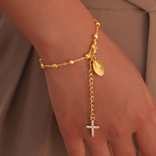 Pulseira de rosário de cruz de zircônia cúbica para mulheres, elo ajustável de maria de aço inoxidável, presente de joia religiosa