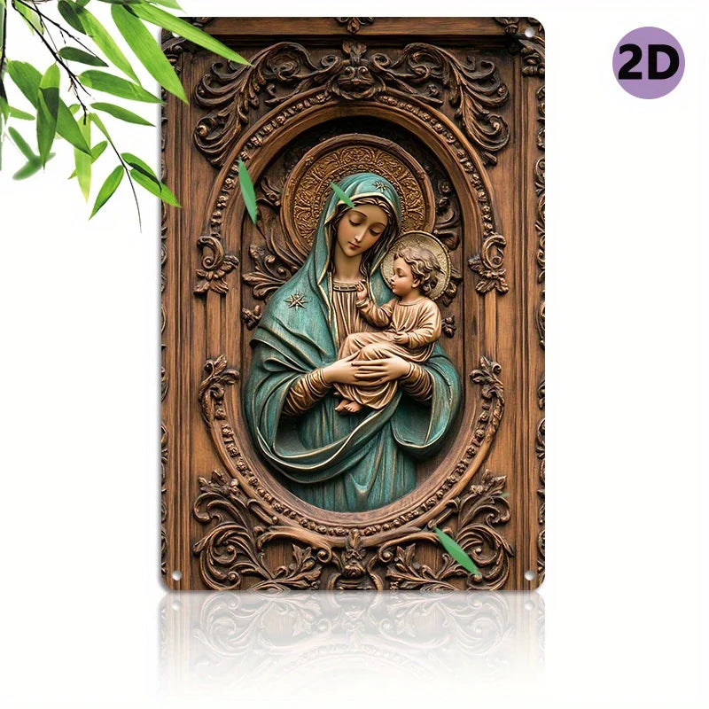 Placa Decorativa de Maria e Jesus com Acabamento Texturizado Premium