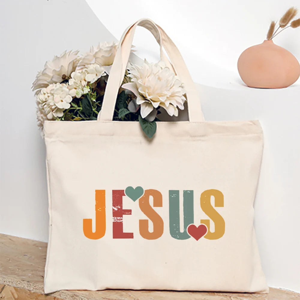 Bolsa Feminina de Lona com Estampa Cristã e Zíper
