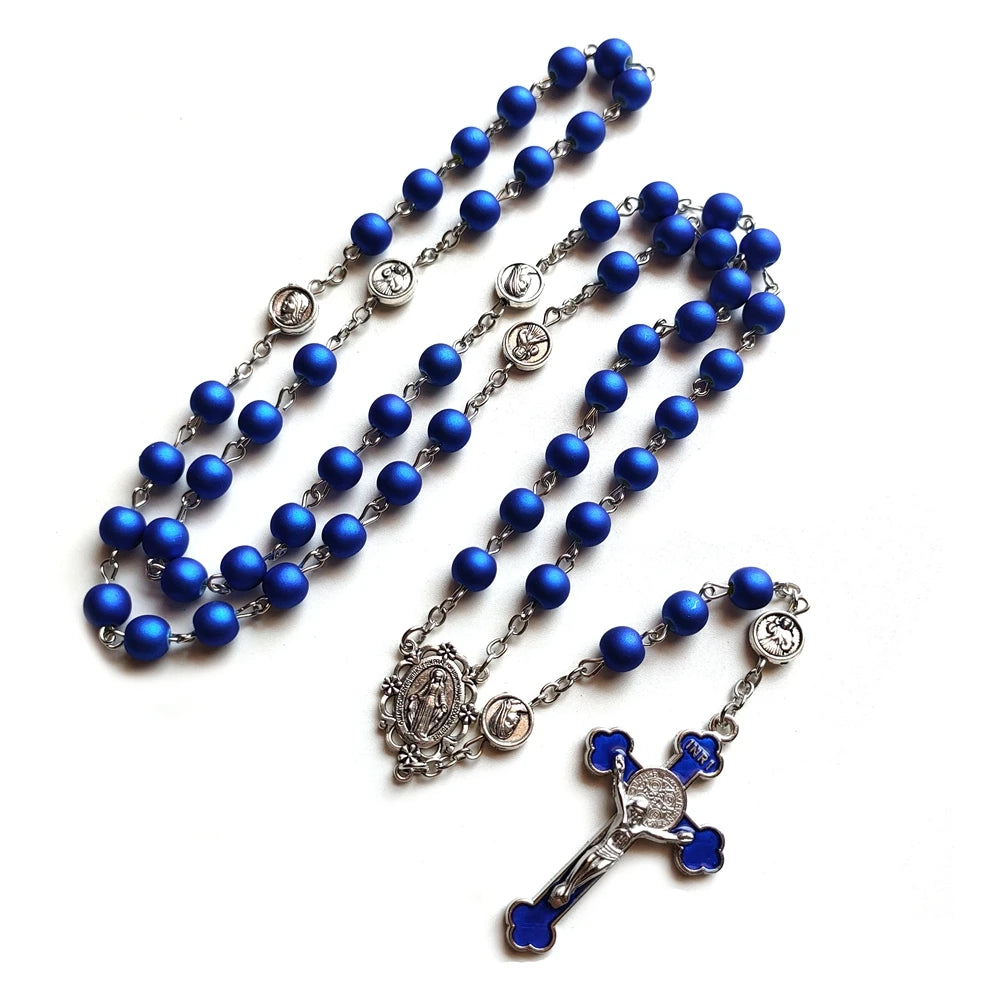 Terço Azul com Entremeio de Nossa Senhora das Graças e Cruz de São Bento