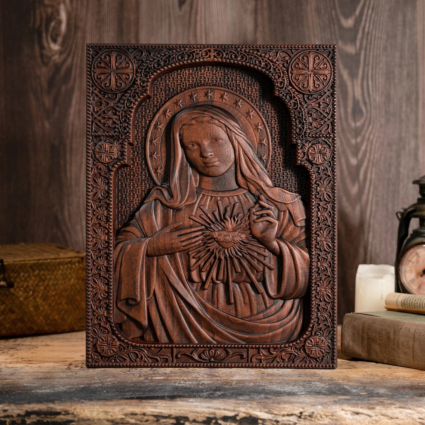 Escultura em Madeira da Virgem Maria - Coração Sagrado