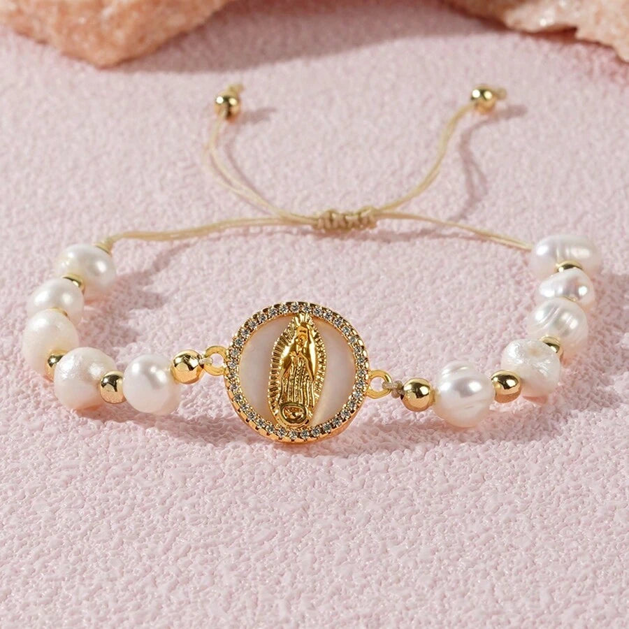 Pulseira de Pérola Natural com Virgem Maria Banhada a Ouro 18K