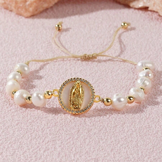 Pulseira de Pérola Natural com Virgem Maria Banhada a Ouro 18K