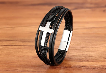 Pulseira Masculina de Couro com Cruz Sagrado Estilo