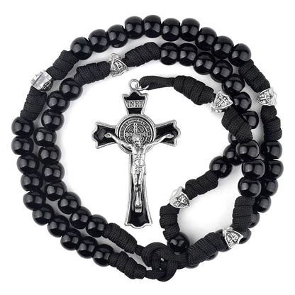 Terço Masculino de Paracord São Bento Preto com Contas Acrílicas