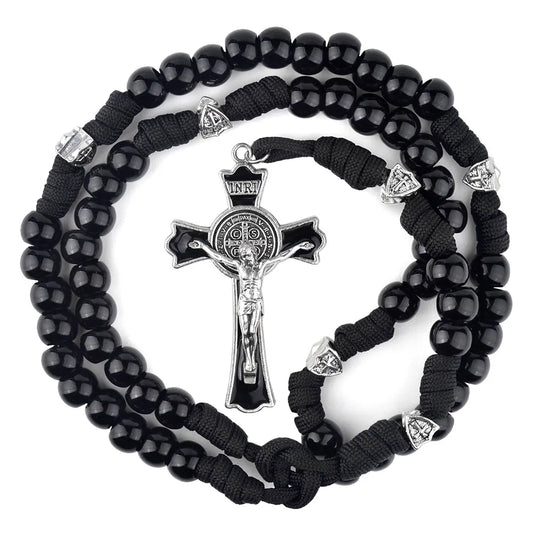 Terço Masculino de Paracord São Bento Preto com Contas Acrílicas