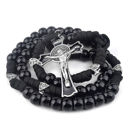 Terço Masculino de Paracord São Bento Preto com Contas Acrílicas