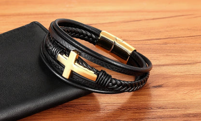 Pulseira Masculina de Couro com Cruz Sagrado Estilo