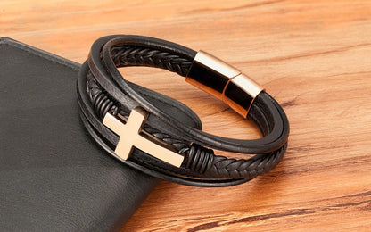Pulseira Masculina de Couro com Cruz Sagrado Estilo