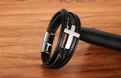Pulseira Masculina de Couro com Cruz Sagrado Estilo
