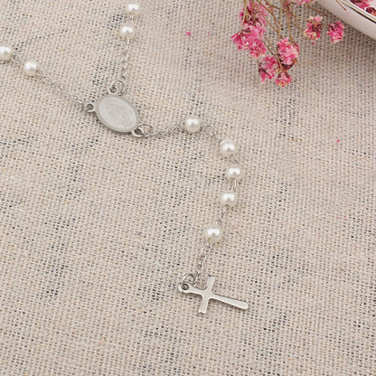 Fine4u-n421 colar de aço inoxidável com pingente cruz, virgem maria, 4mm, rosário, contas, jóias cristãs