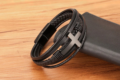 Pulseira Masculina de Couro com Cruz Sagrado Estilo