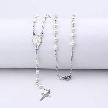 Fine4u-n421 colar de aço inoxidável com pingente cruz, virgem maria, 4mm, rosário, contas, jóias cristãs