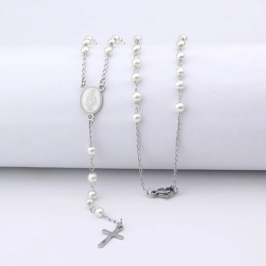 Fine4u-n421 colar de aço inoxidável com pingente cruz, virgem maria, 4mm, rosário, contas, jóias cristãs