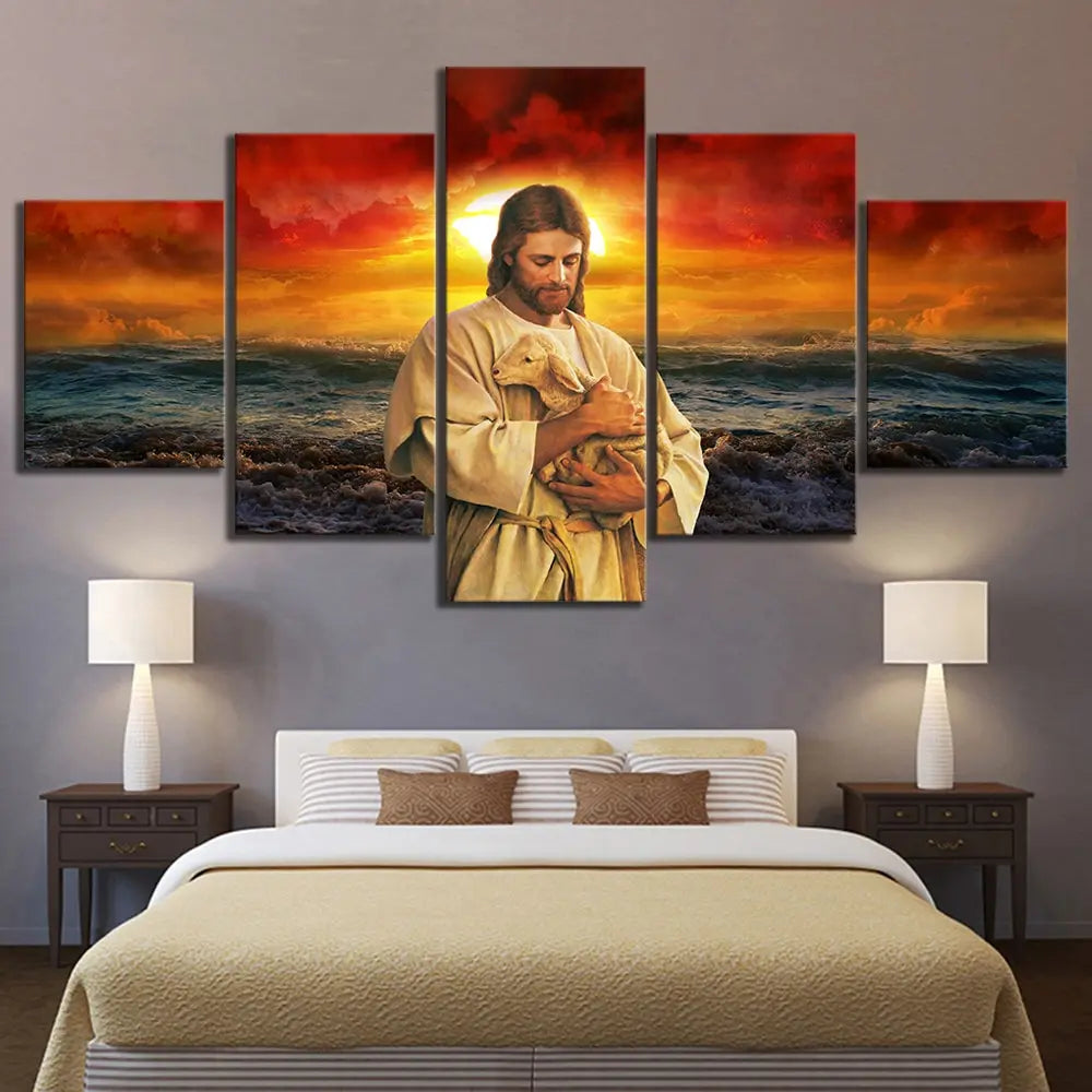 Quadros em tela quadros de decoração para casa acessórios 5 painel jesus segurando um cordeiro cartaz seascape pôr do sol paisagem parede arte decoração