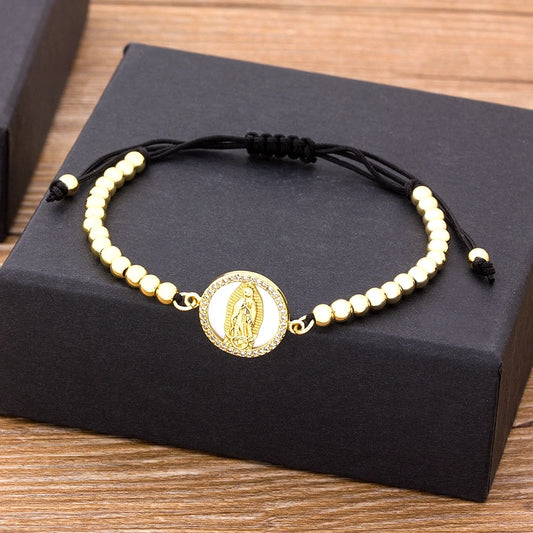 Pulseira Feminina Nossa Senhora de Guadalupe com Contas Douradas