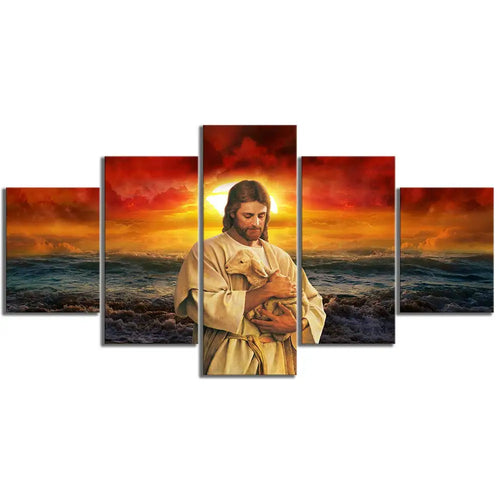 Quadros em tela quadros de decoração para casa acessórios 5 painel jesus segurando um cordeiro cartaz seascape pôr do sol paisagem parede arte decoração