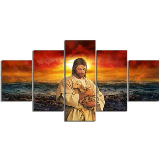 Quadros em tela quadros de decoração para casa acessórios 5 painel jesus segurando um cordeiro cartaz seascape pôr do sol paisagem parede arte decoração