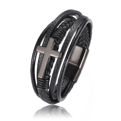 Pulseira Masculina de Couro com Cruz Sagrada Devoção