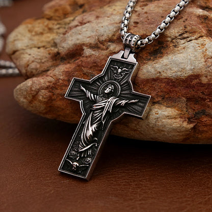 Colar Masculino Cruz Jesus Subindo aos Céus em Aço Inoxidável
