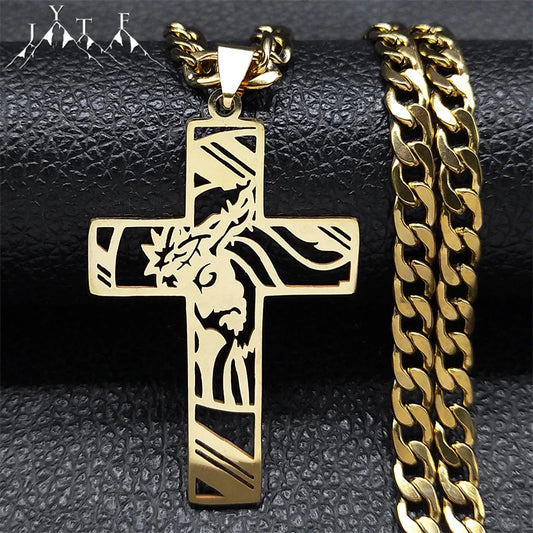 Colar Crucifixo Jesus em Aço Inoxidável Banhado a Ouro