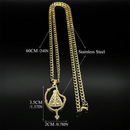 Colar Aparecida com Terço em Aço Inoxidável Dourado/Prateado