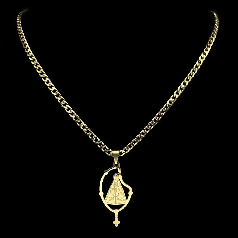 Colar Aparecida com Terço em Aço Inoxidável Dourado/Prateado