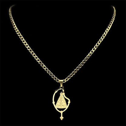 Colar Aparecida com Terço em Aço Inoxidável Dourado/Prateado