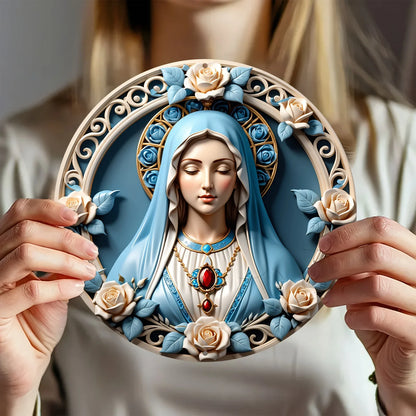 Arte de Parede Circular Virgem Maria 2D em Alumínio