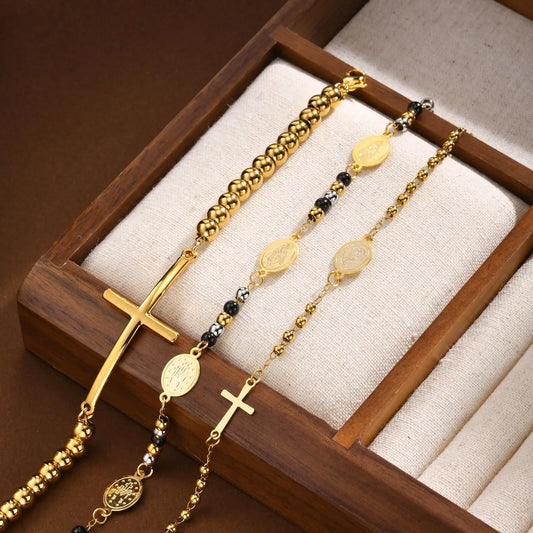 Vnox personalidade virgem maria moeda encantos pulseiras para homens mulheres, pequenas beas pulseira frisada, unissex cristo fé batismo presente