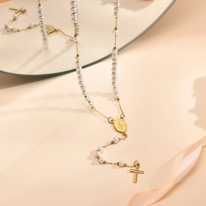 Colar Terço Nossa Senhora das Graças com Pingente de Cruz Banhado a Ouro