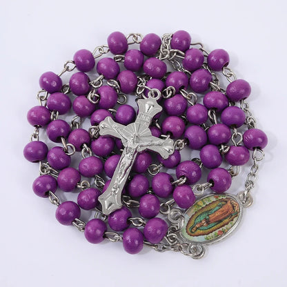 Colar de Rosário de Madeira para Mulheres e Homens, Pingente Religioso Virgem Maria Cruz, Cadeia de Contas Longas, Oração Católica, Jóias Festas, 6mm