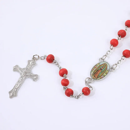 Colar de Rosário de Madeira para Mulheres e Homens, Pingente Religioso Virgem Maria Cruz, Cadeia de Contas Longas, Oração Católica, Jóias Festas, 6mm