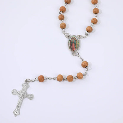 Colar de Rosário de Madeira para Mulheres e Homens, Pingente Religioso Virgem Maria Cruz, Cadeia de Contas Longas, Oração Católica, Jóias Festas, 6mm