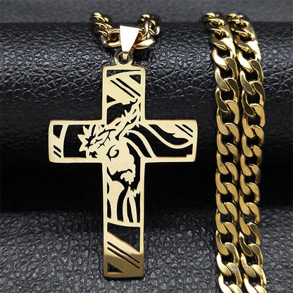 Colar de pingente Jesus Cruz em aço inoxidável para homens, colares crucifixos banhados a ouro, coroa de espinhos punk, jóias Hip Hop, N8052
