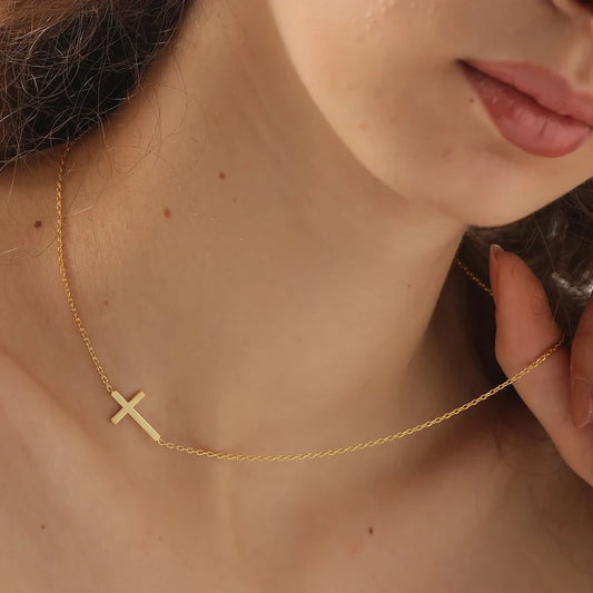 Colar transversal lateral, pingente crucifixo feminino, corrente ajustável de aço inoxidável, mãe esposa amigo presentes