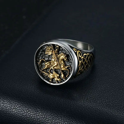 Anel Masculino São Jorge em Aço Inoxidável 316L Prata e Dourado