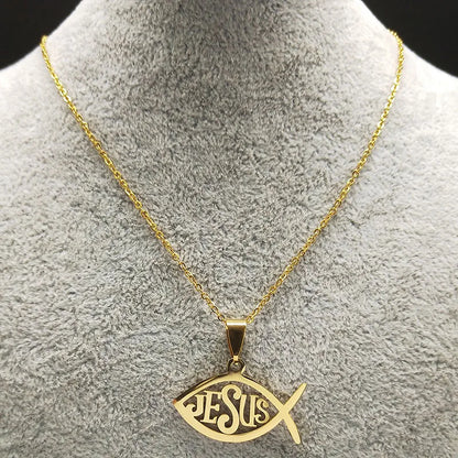Colar Ichthys Cristão de Aço Inoxidável - Dourado