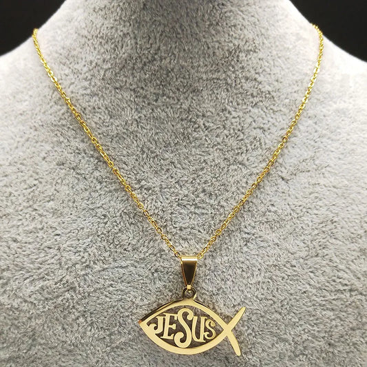 Colar Ichthys Cristão de Aço Inoxidável - Dourado