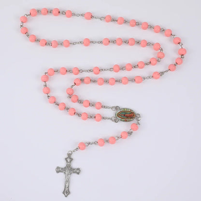 Colar de Rosário de Madeira para Mulheres e Homens, Pingente Religioso Virgem Maria Cruz, Cadeia de Contas Longas, Oração Católica, Jóias Festas, 6mm