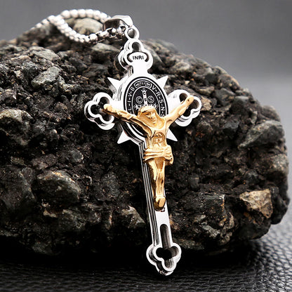 Colar Masculino com Cruz de São Bento em Aço Inoxidável 316L