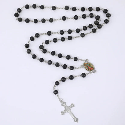 Colar de Rosário de Madeira para Mulheres e Homens, Pingente Religioso Virgem Maria Cruz, Cadeia de Contas Longas, Oração Católica, Jóias Festas, 6mm